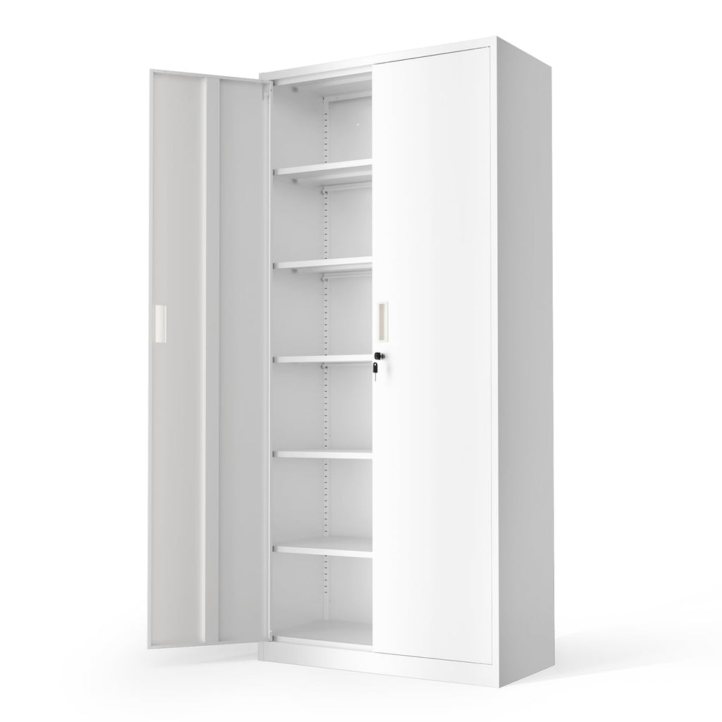 White Metal Storage Cabinet with 2 Doors and 5 Adjustable Shelves Y72143