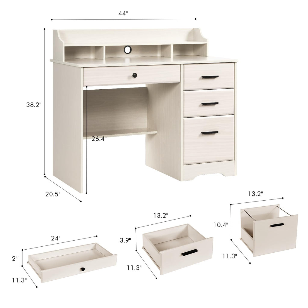 Warm White Wood Computer Desk with Drawers and Hutch M65683
