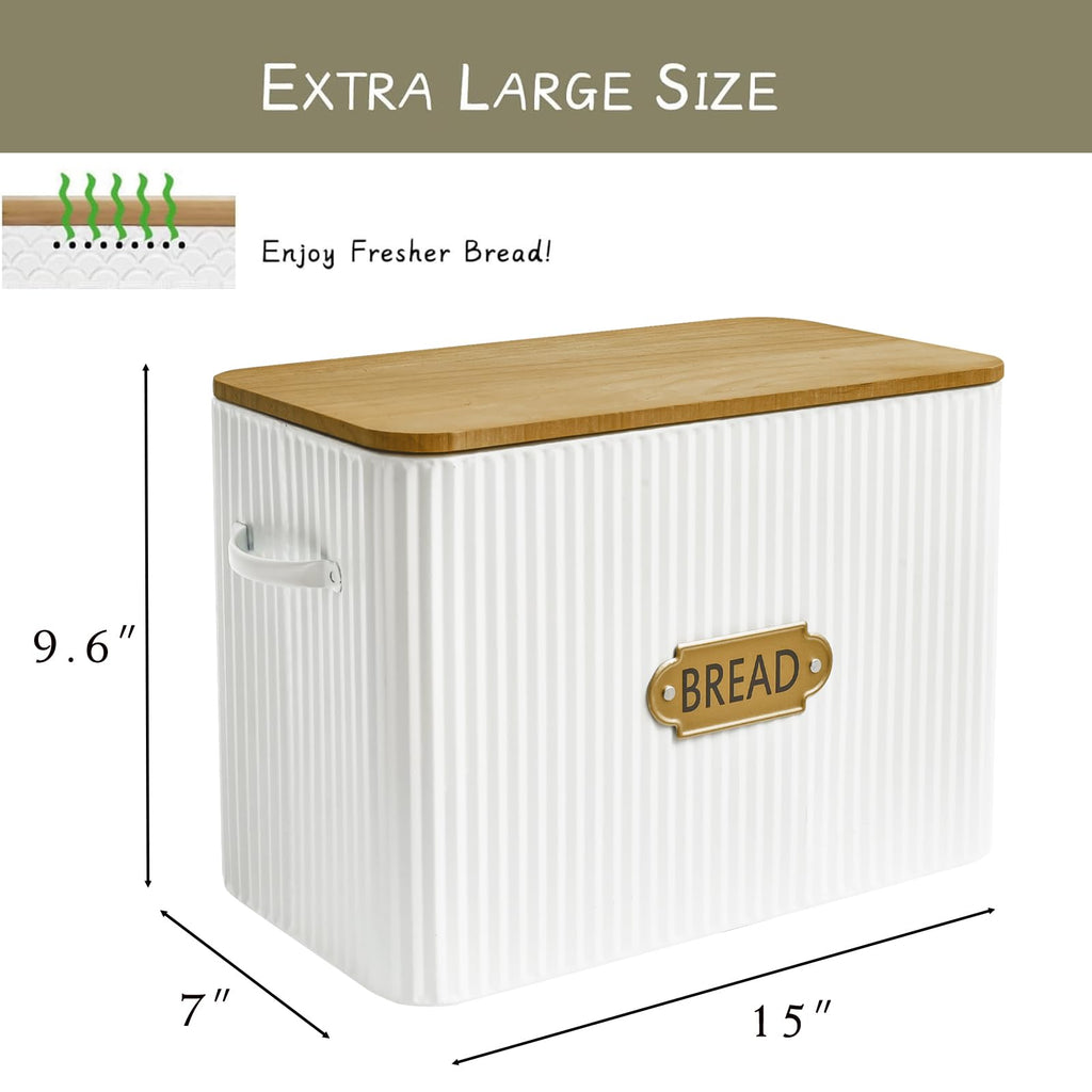Extra Large White Vertical Stripes Bread Box with Wood Lid L130