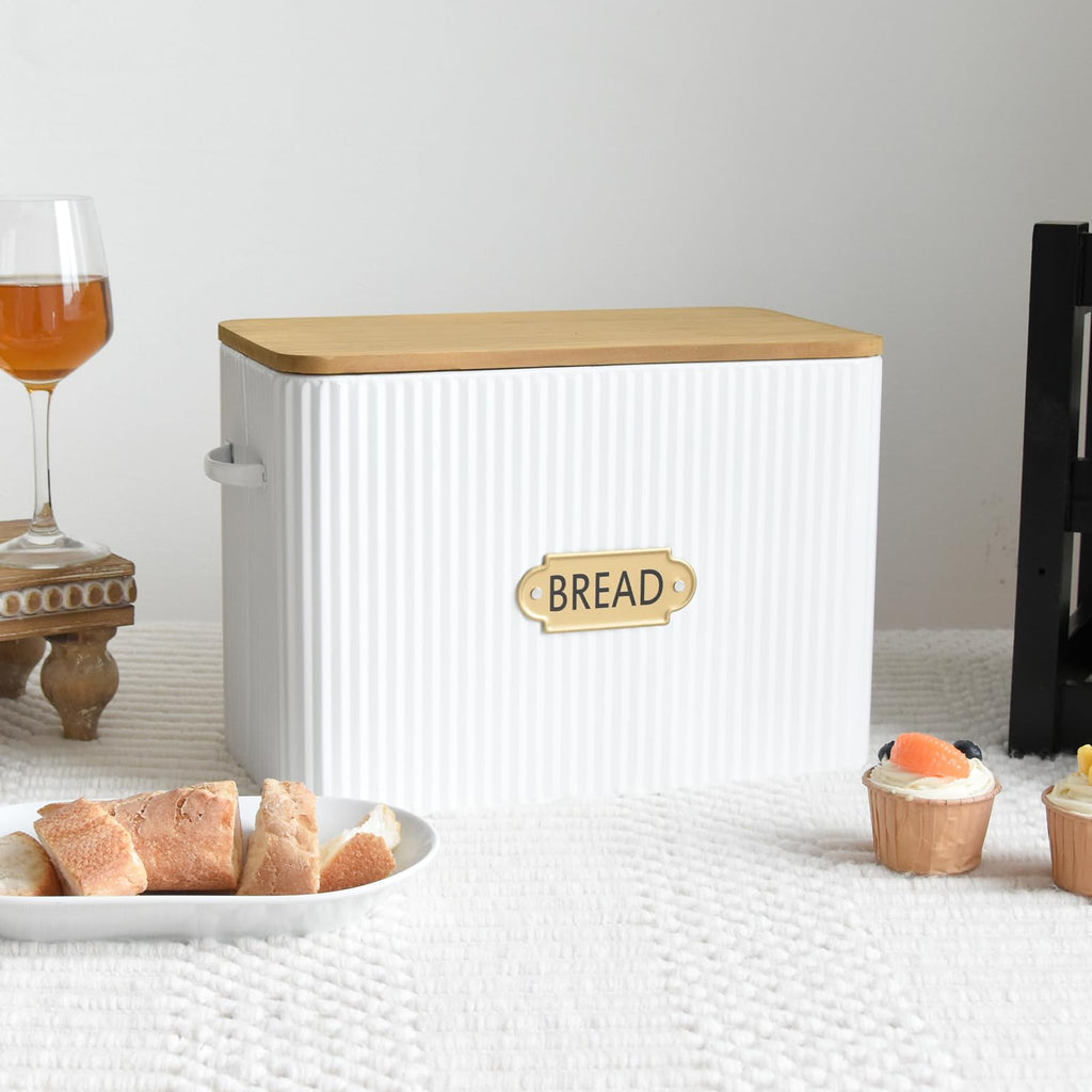 Extra Large White Vertical Stripes Bread Box with Wood Lid L130