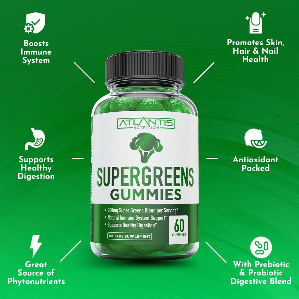 Supergreens Gummies Supplement with Spinach, Broccoli, Moringa, Beet Root, Celery, Green Tea, & Acai, Natural Raspberry Flavor, 60 cnt V1933