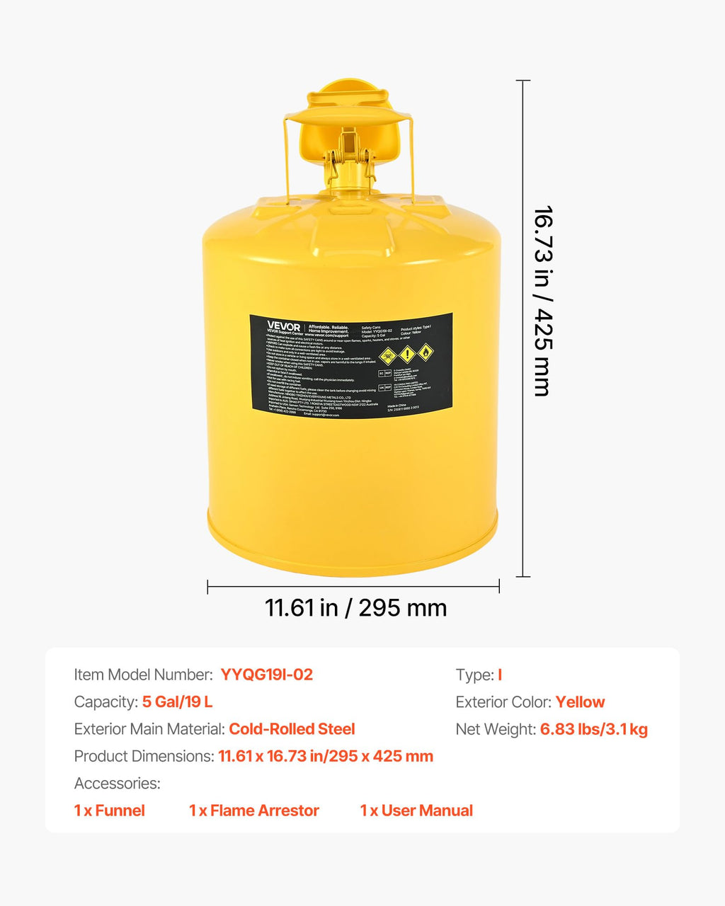 5 Gallon Type I Yellow Metal Container with Flame Arrester Z482