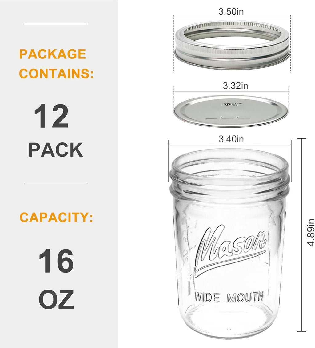 16 oz Glass Mason Jars with Lids 12pcs G357