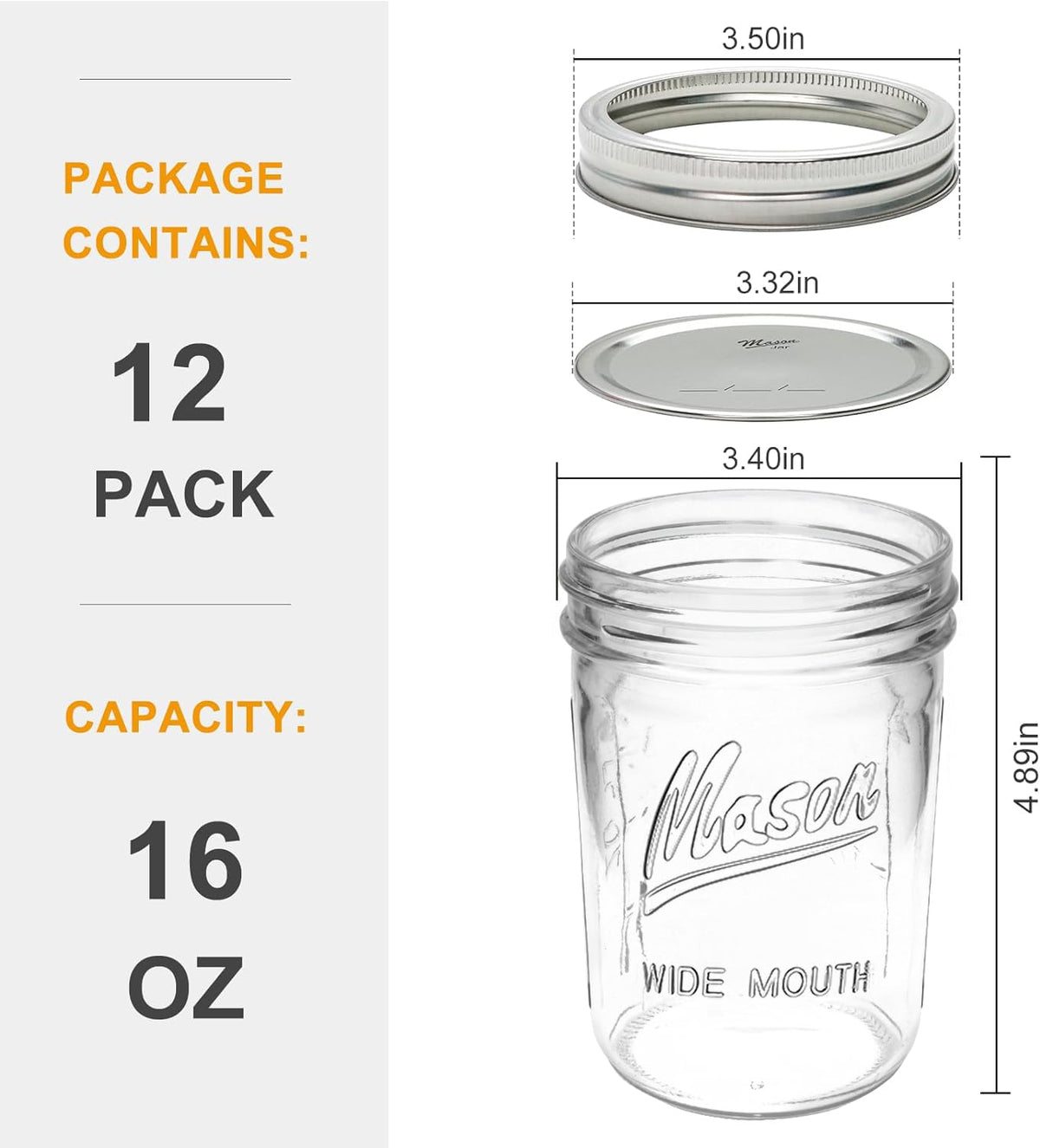 16 oz Glass Mason Jars with Lids 12pcs G357