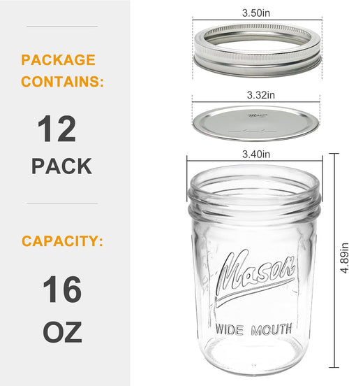 16 oz Glass Mason Jars with Lids 12pcs G357
