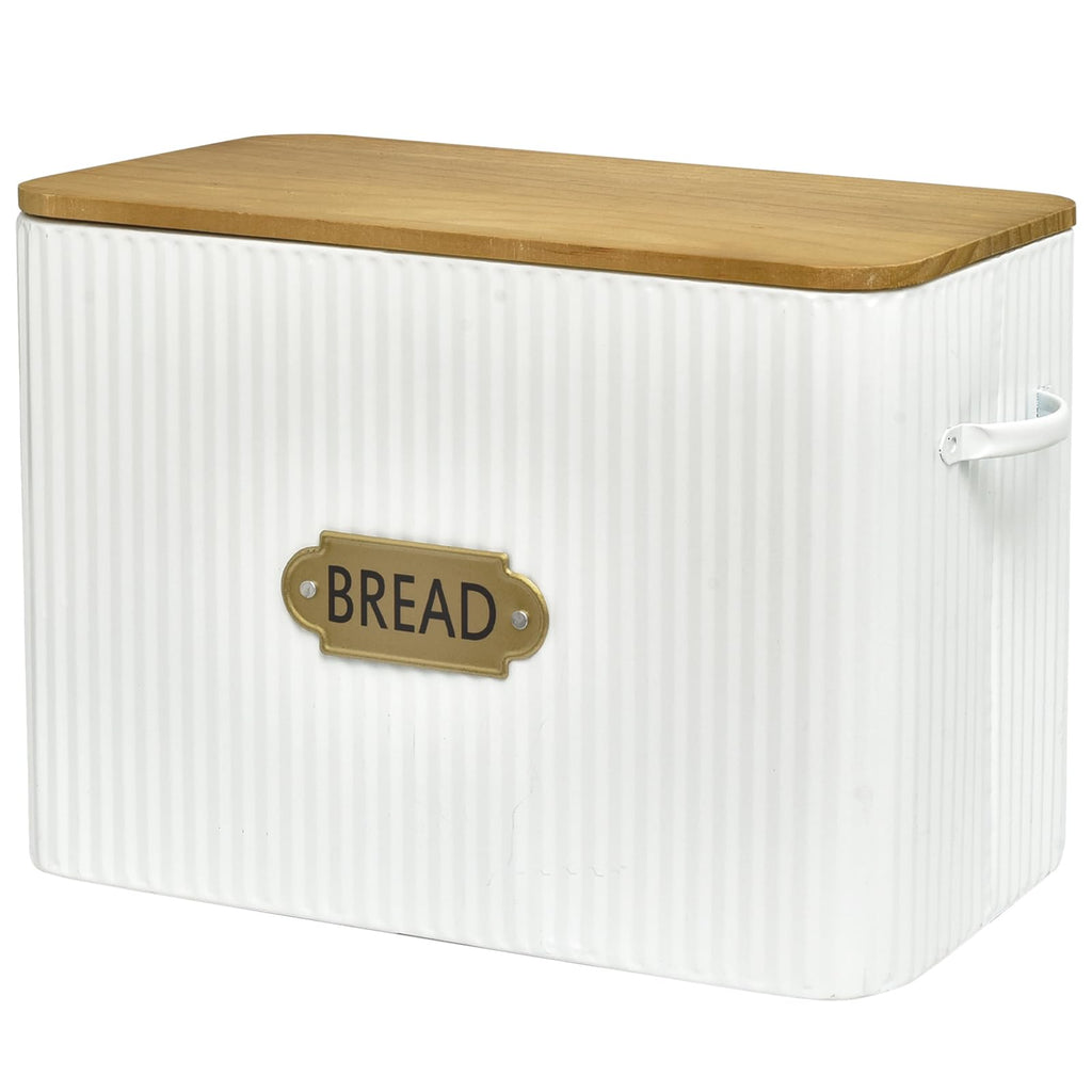 Extra Large White Vertical Stripes Bread Box with Wood Lid L130