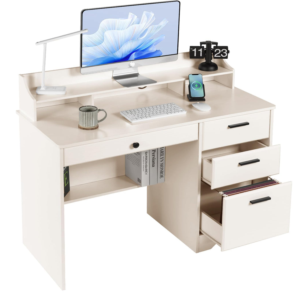 Warm White Wood Computer Desk with Drawers and Hutch M65683