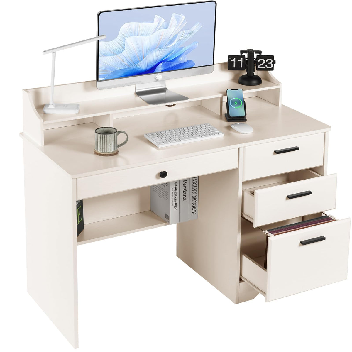 Warm White Wood Computer Desk with Drawers and Hutch M65683