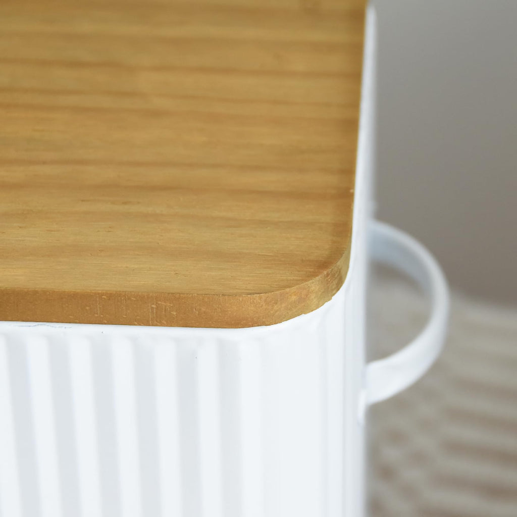 Extra Large White Vertical Stripes Bread Box with Wood Lid L130