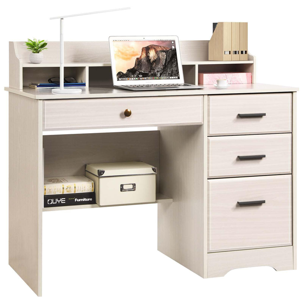 Warm White Wood Computer Desk with Drawers and Hutch M65683