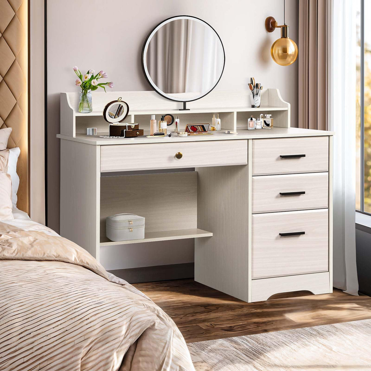 Warm White Wood Computer Desk with Drawers and Hutch M65683