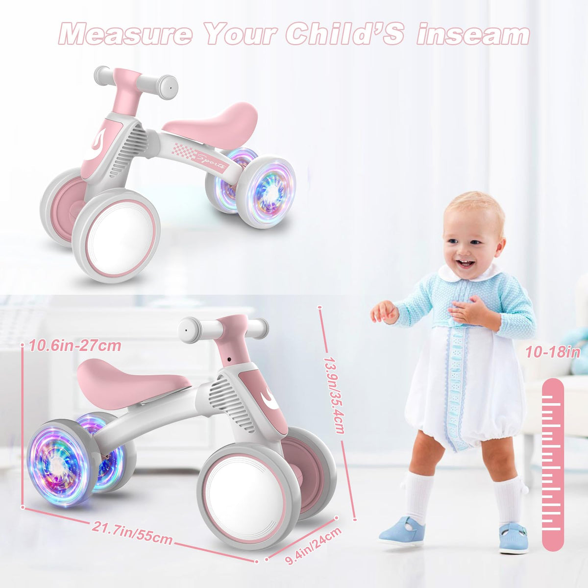 Baby Balance Bike No Pedal 4 Wheels Soft Seat E909
