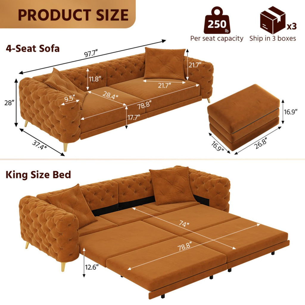 Orange Convertible Pull Out Sofa Bed Velvet Sleeper Sofa B49518