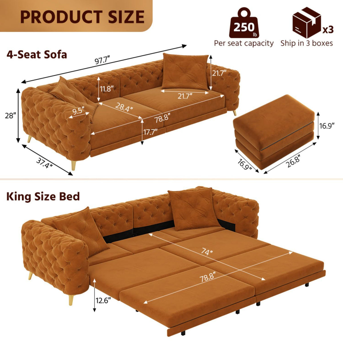Orange Convertible Pull Out Sofa Bed Velvet Sleeper Sofa B49518