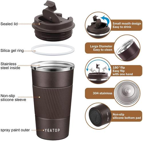 16 oz Stainless Steel Insulated Travel Coffee Mug with Lid H15847