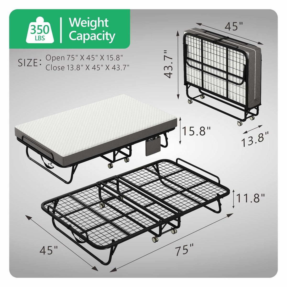 Folding Twin XL Size Bed with Memory Foam Mattress U628497
