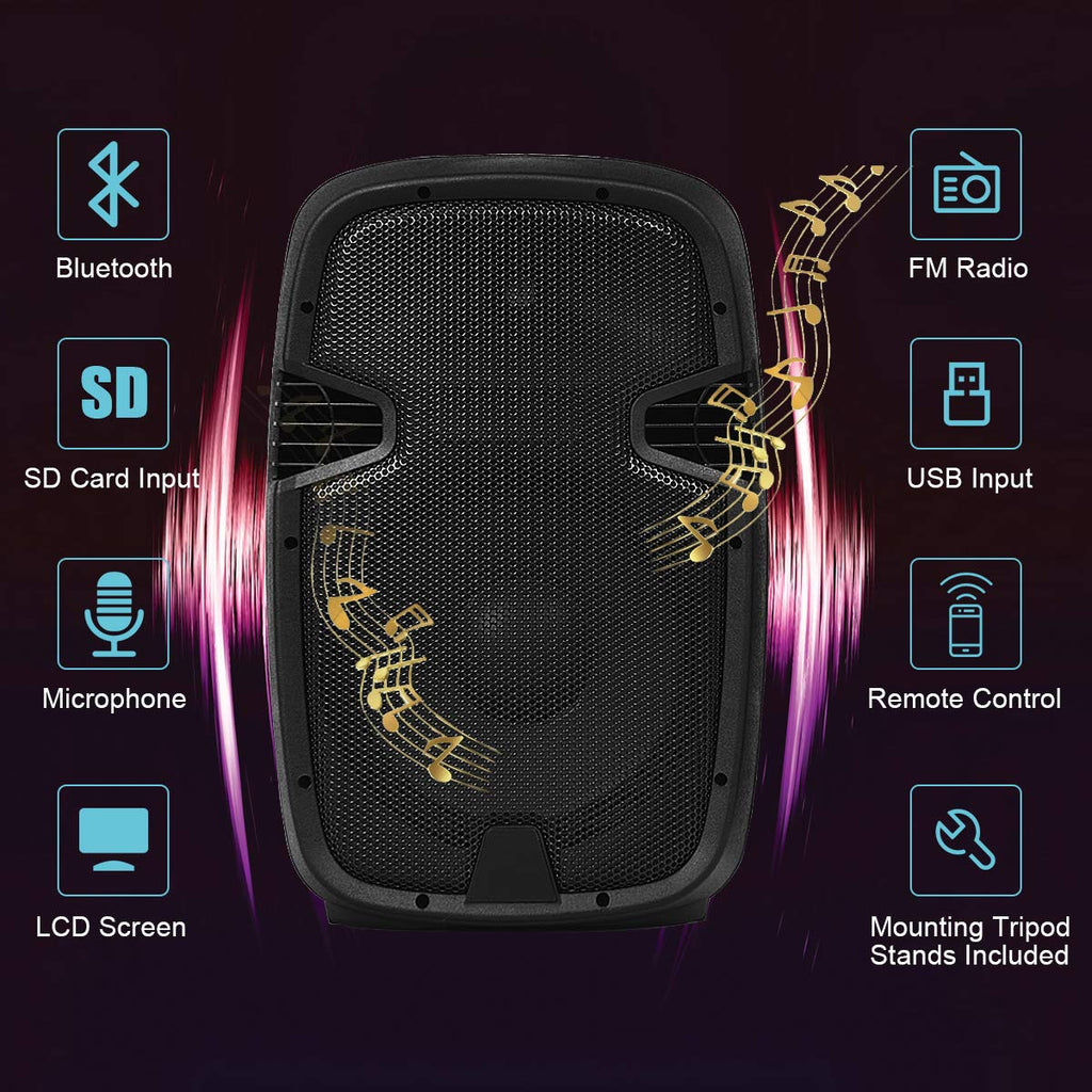2000W 12" Portable Dual Powered Speakers PA System with Tripod Stands J801675
