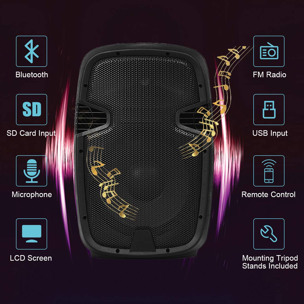 2000W 12" Portable Dual Powered Speakers PA System with Tripod Stands J801675