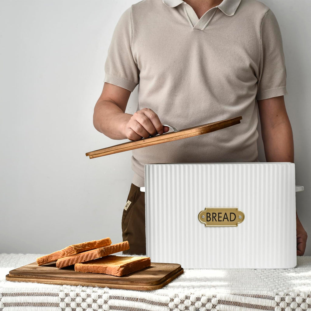 Extra Large White Vertical Stripes Bread Box with Wood Lid L130