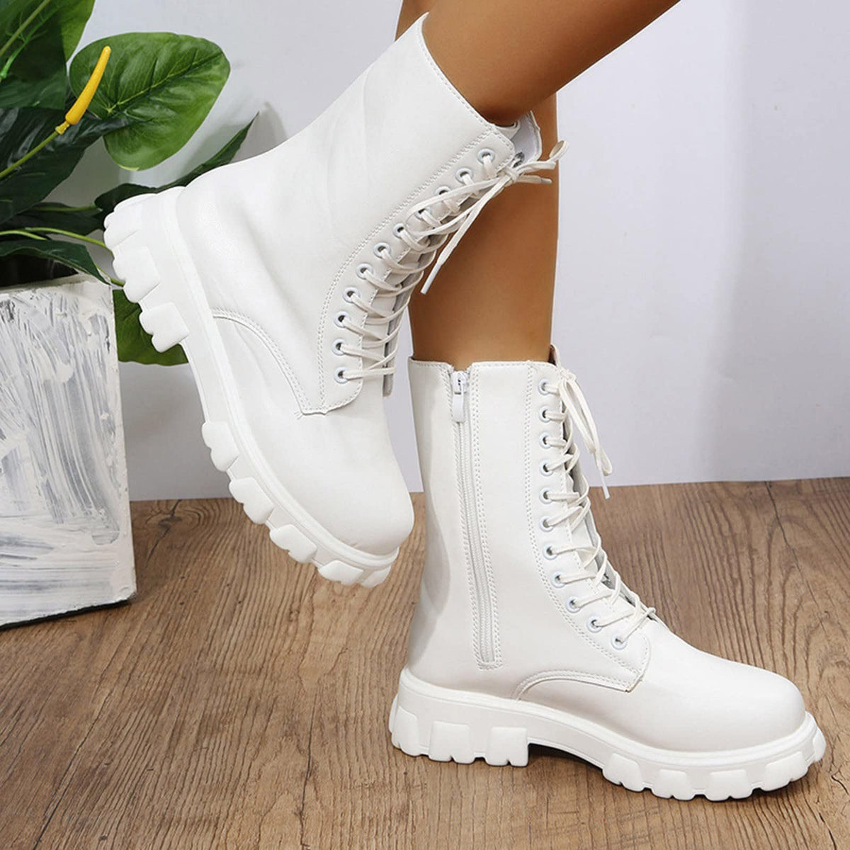 Women's Lace Up Chunky Mid Calf Boots H551579
