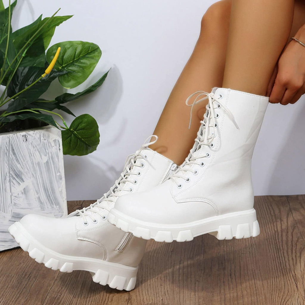 Women's Lace Up Chunky Mid Calf Boots H551579
