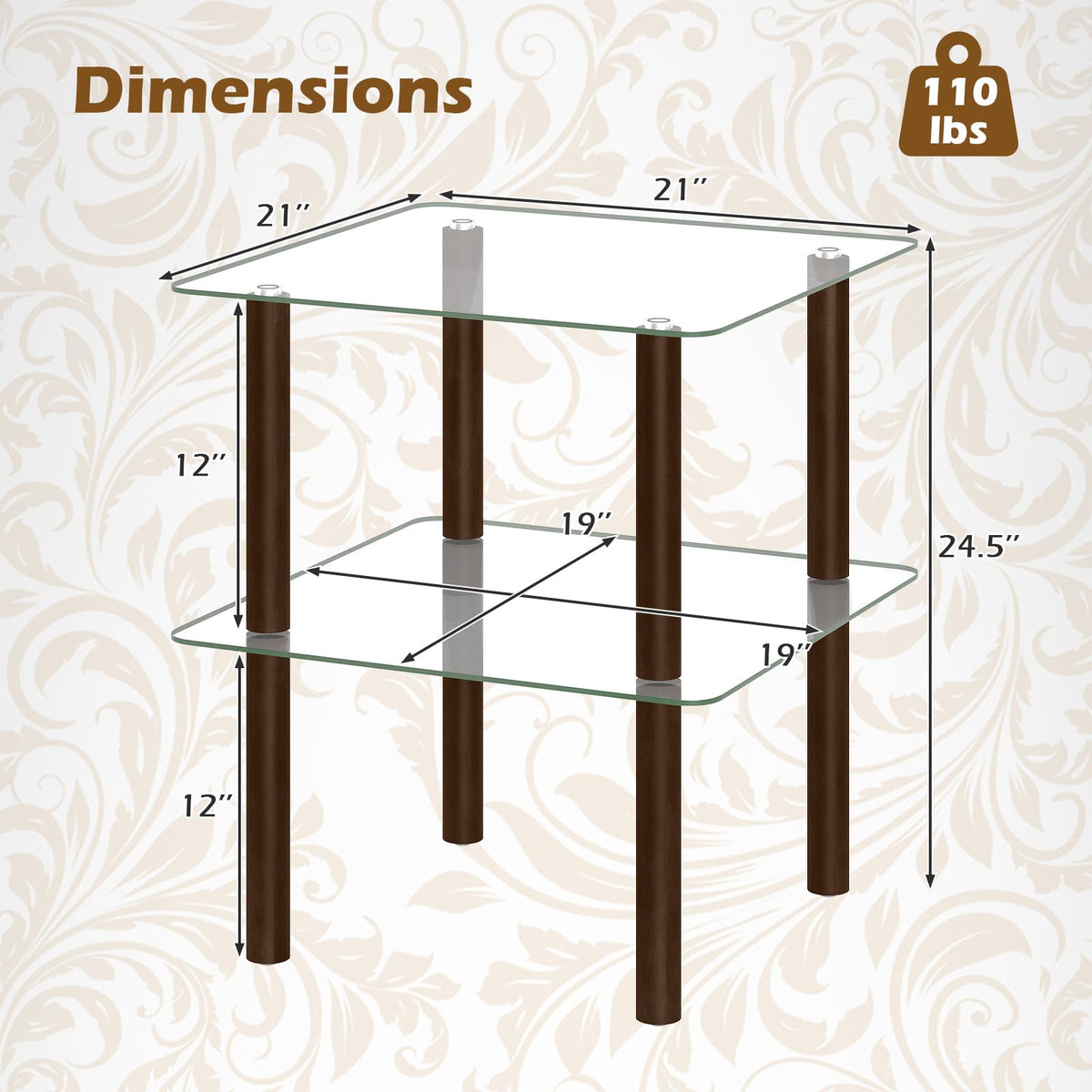 Square End Table Set of 2, 2-Tier Glass Top Sofa Side Table A641010