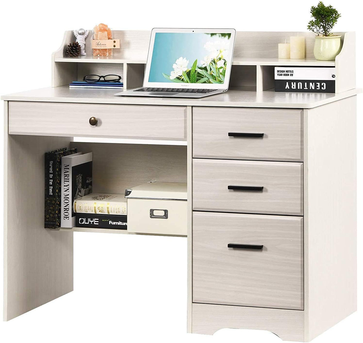 Warm White Wood Computer Desk with Drawers and Hutch M65683