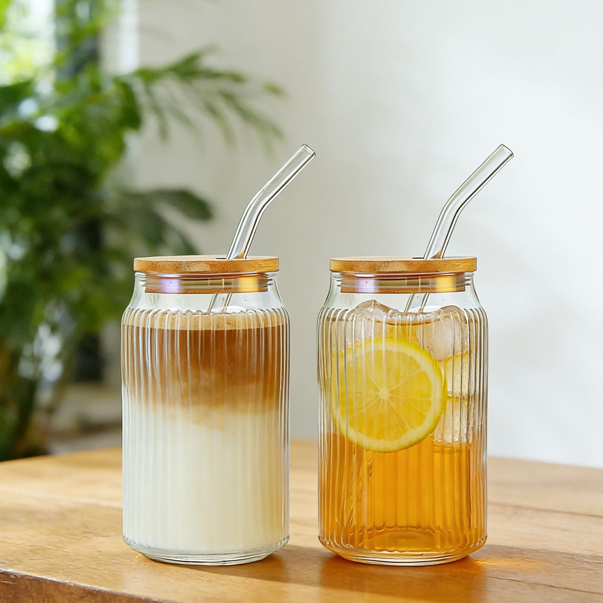 2 PCS 16 OZ Ribbed Glass Tumbler with Lids and Straws X81280