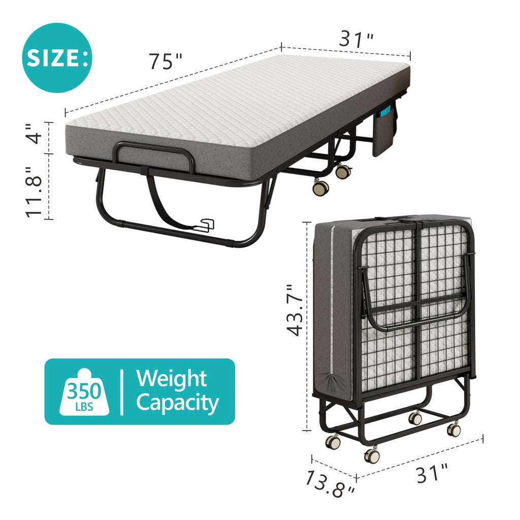 Folding Bed with Mattress, 75" x 31" Portable Rollaway Bed, Metal Frame Guest Bed with Memory Foam Mattress G756
