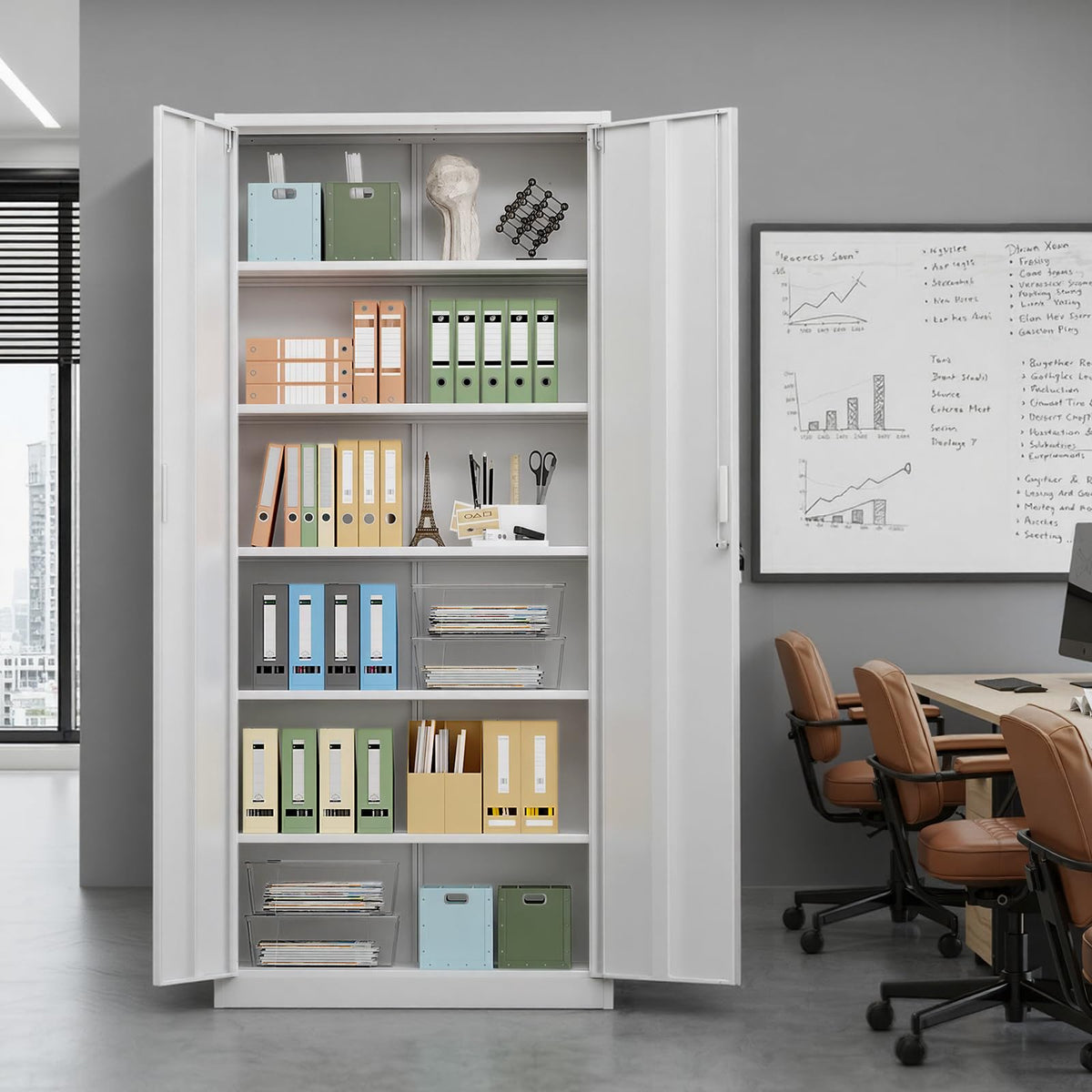 White Metal Storage Cabinet with 2 Doors and 5 Adjustable Shelves Y72143
