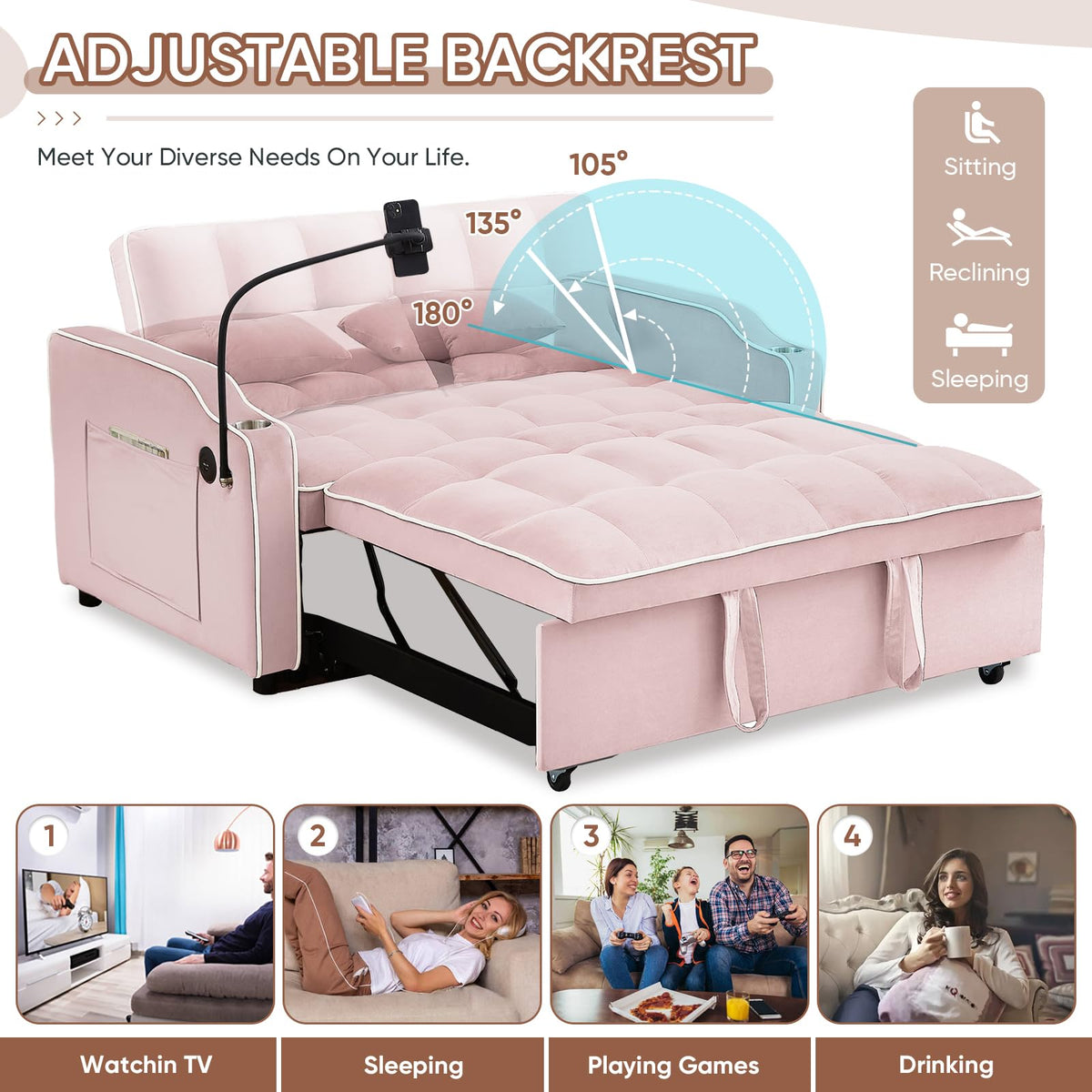 Pink Velvet Convertible Sleeper Sofa Bed F1920