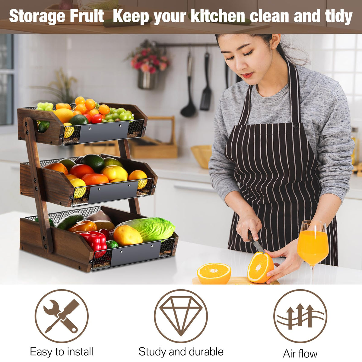 3 Tier Wooden Fruit Basket with Banana Hangers U87722