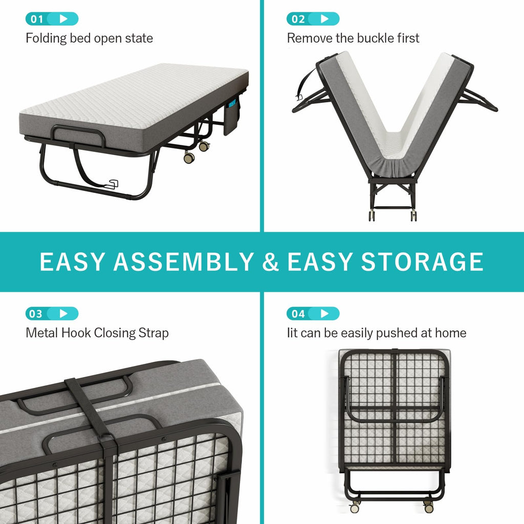 Folding Bed with Mattress, 75" x 31" Portable Rollaway Bed, Metal Frame Guest Bed with Memory Foam Mattress G756