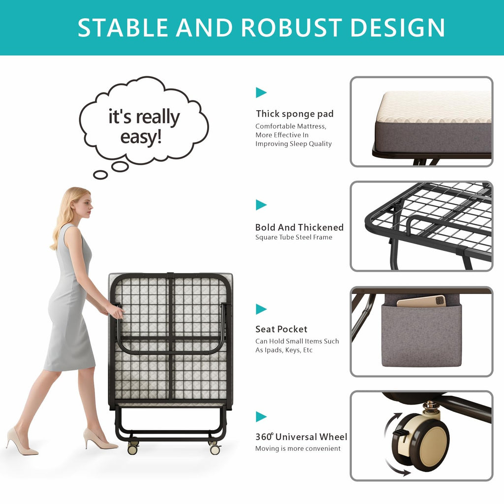 Folding Bed with Mattress, 75" x 31" Portable Rollaway Bed, Metal Frame Guest Bed with Memory Foam Mattress G756
