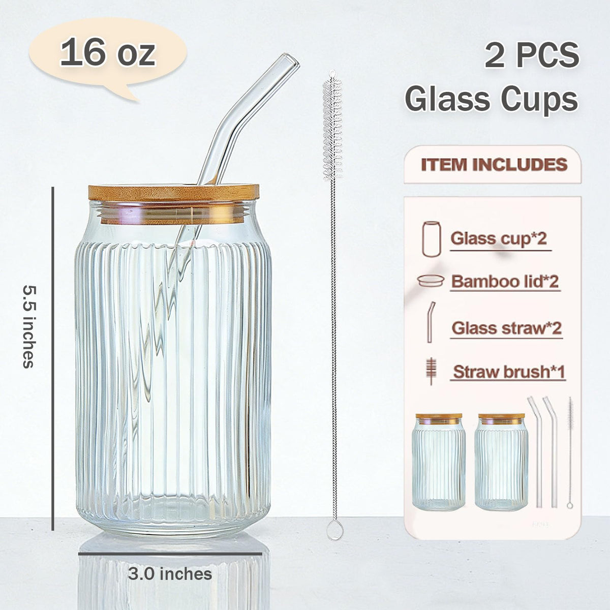 2 PCS 16 OZ Ribbed Glass Tumbler with Lids and Straws X81280
