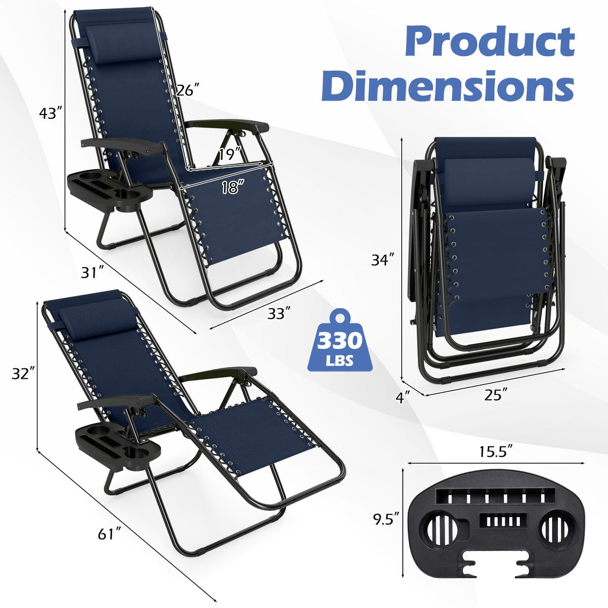 Zero Gravity Chairs Set of 2 Portable Folding Lounger with Pillow Cup Holder R456
