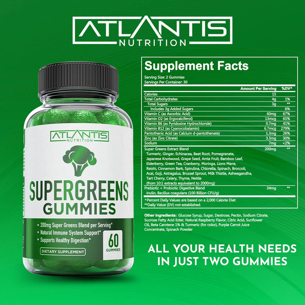 Supergreens Gummies Supplement with Spinach, Broccoli, Moringa, Beet Root, Celery, Green Tea, & Acai, Natural Raspberry Flavor, 60 cnt V1933