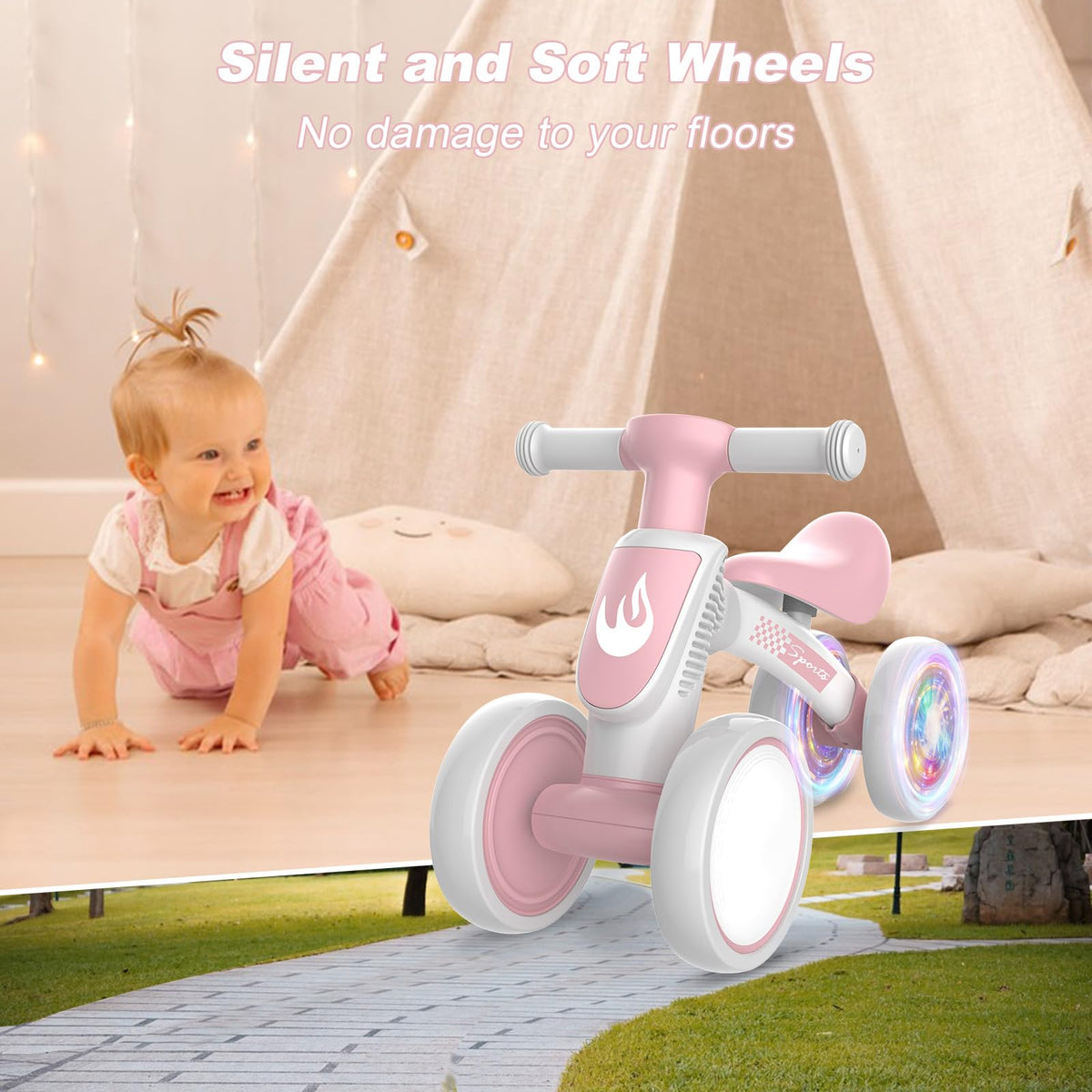 Baby Balance Bike No Pedal 4 Wheels Soft Seat E909