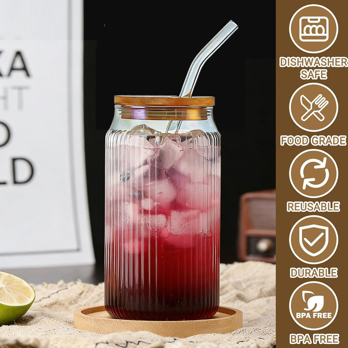 2 PCS 16 OZ Ribbed Glass Tumbler with Lids and Straws X81280
