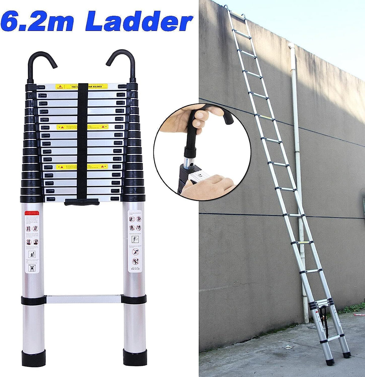 20FT Aluminum Telescoping Ladder with 2 Detachable Hooks, 330 lb Capacity B127
