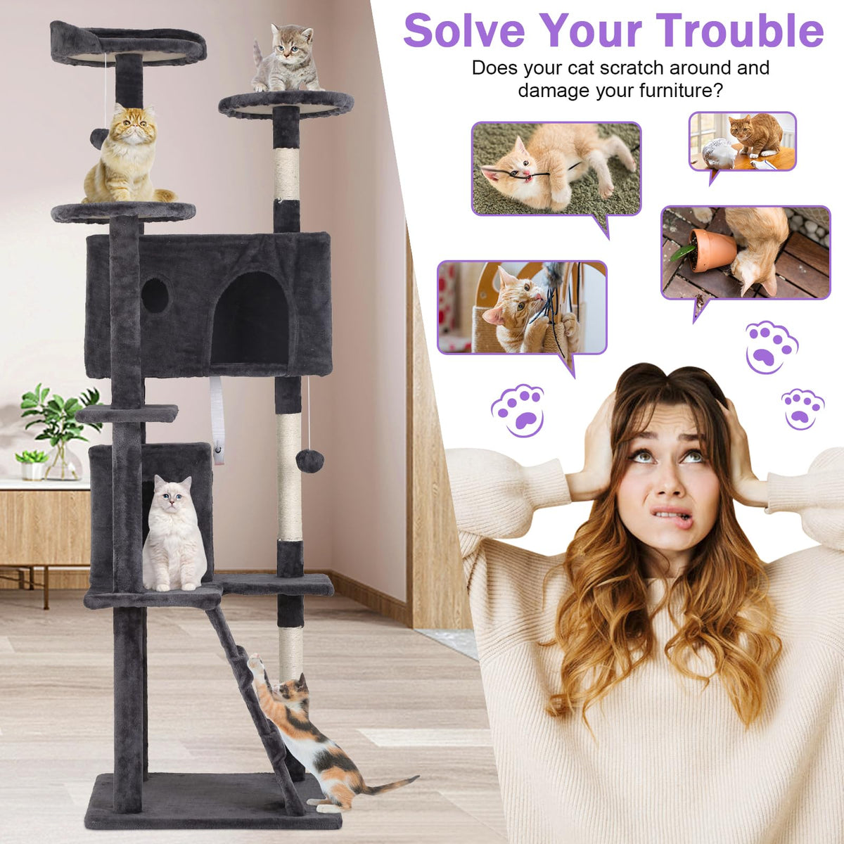 70 Inch Tall Dark Grey Cat Tree Cat Climbing Tower G103