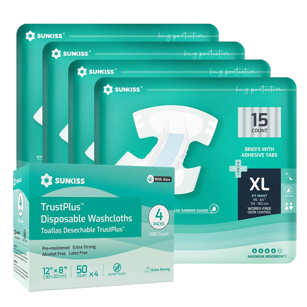 Adult Diapers XLarge 60 Count & Wet Wipes 200 Count Bundle T625