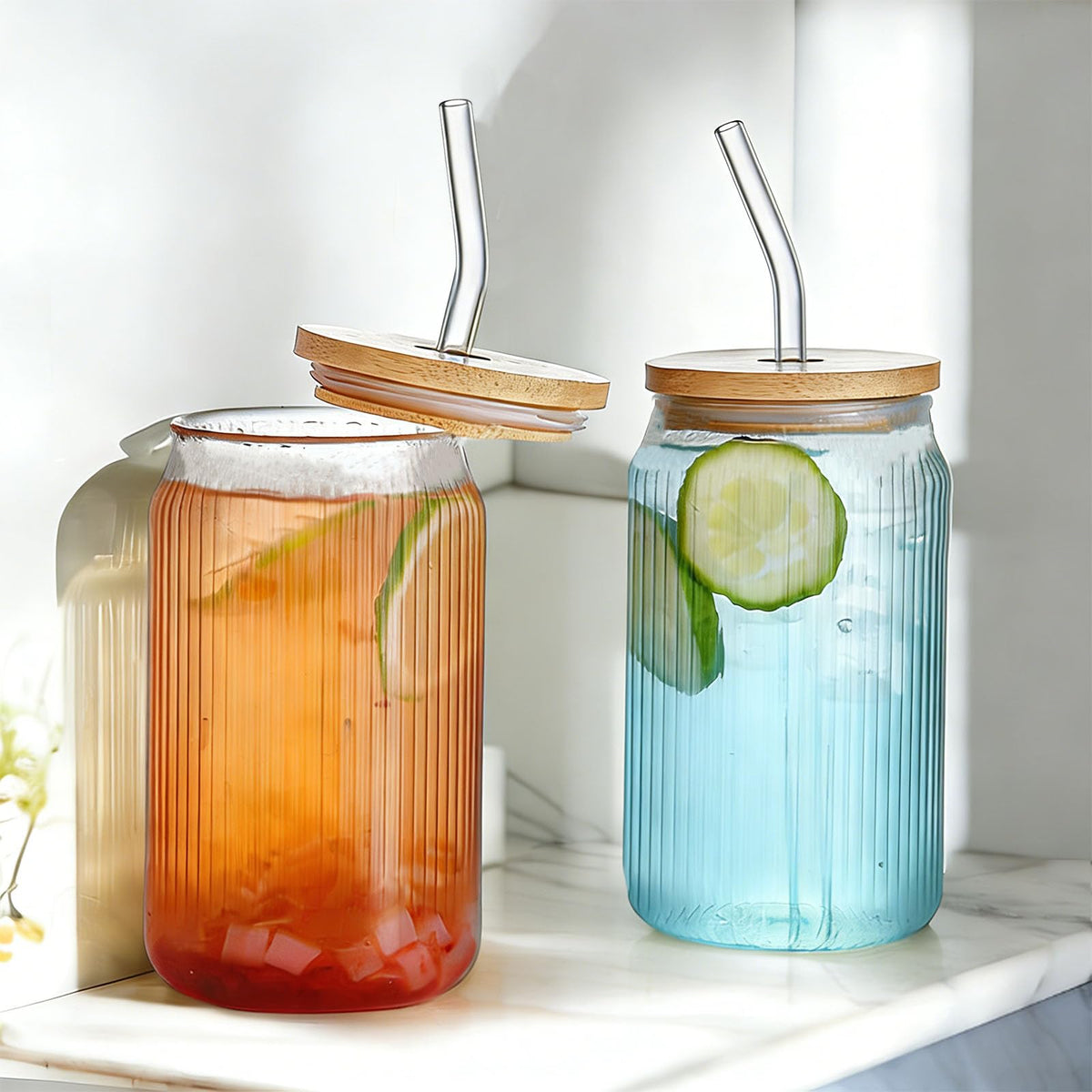 2 PCS 16 OZ Ribbed Glass Tumbler with Lids and Straws X81280