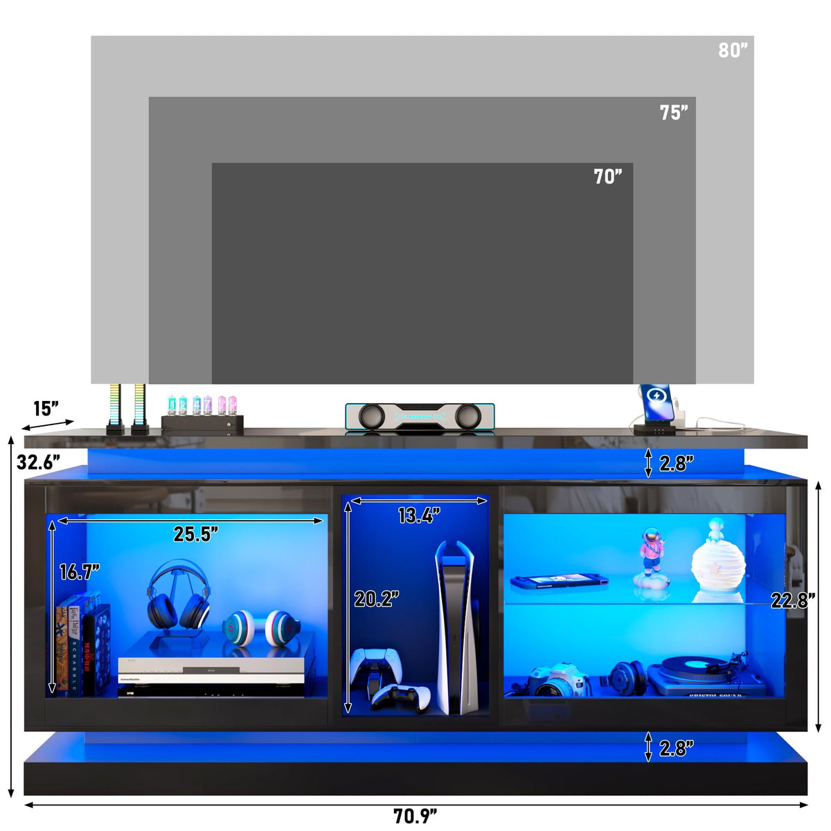 70" TV Stand with LED Lights and Power Outlets, Black Y1890