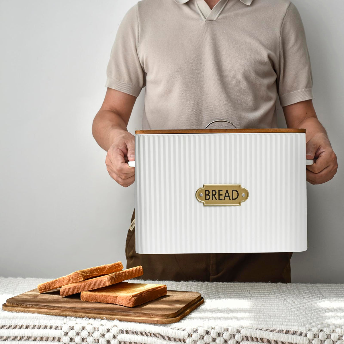 Extra Large White Vertical Stripes Bread Box with Wood Lid L130