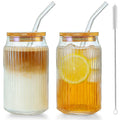 2 PCS 16 OZ Ribbed Glass Tumbler with Lids and Straws X81280