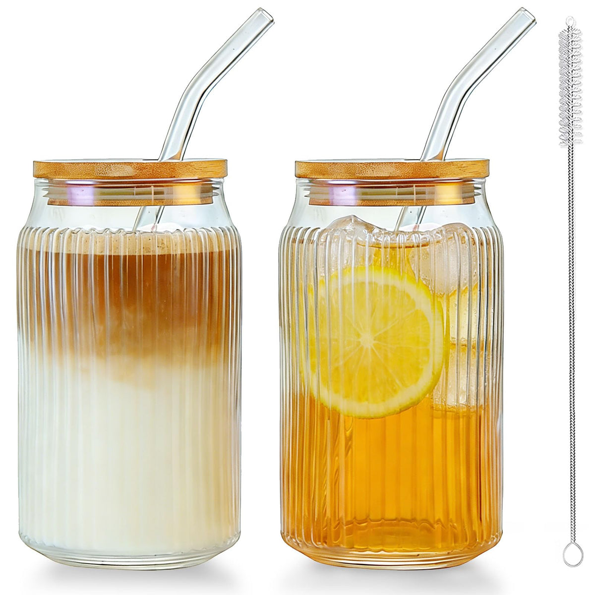 2 PCS 16 OZ Ribbed Glass Tumbler with Lids and Straws X81280