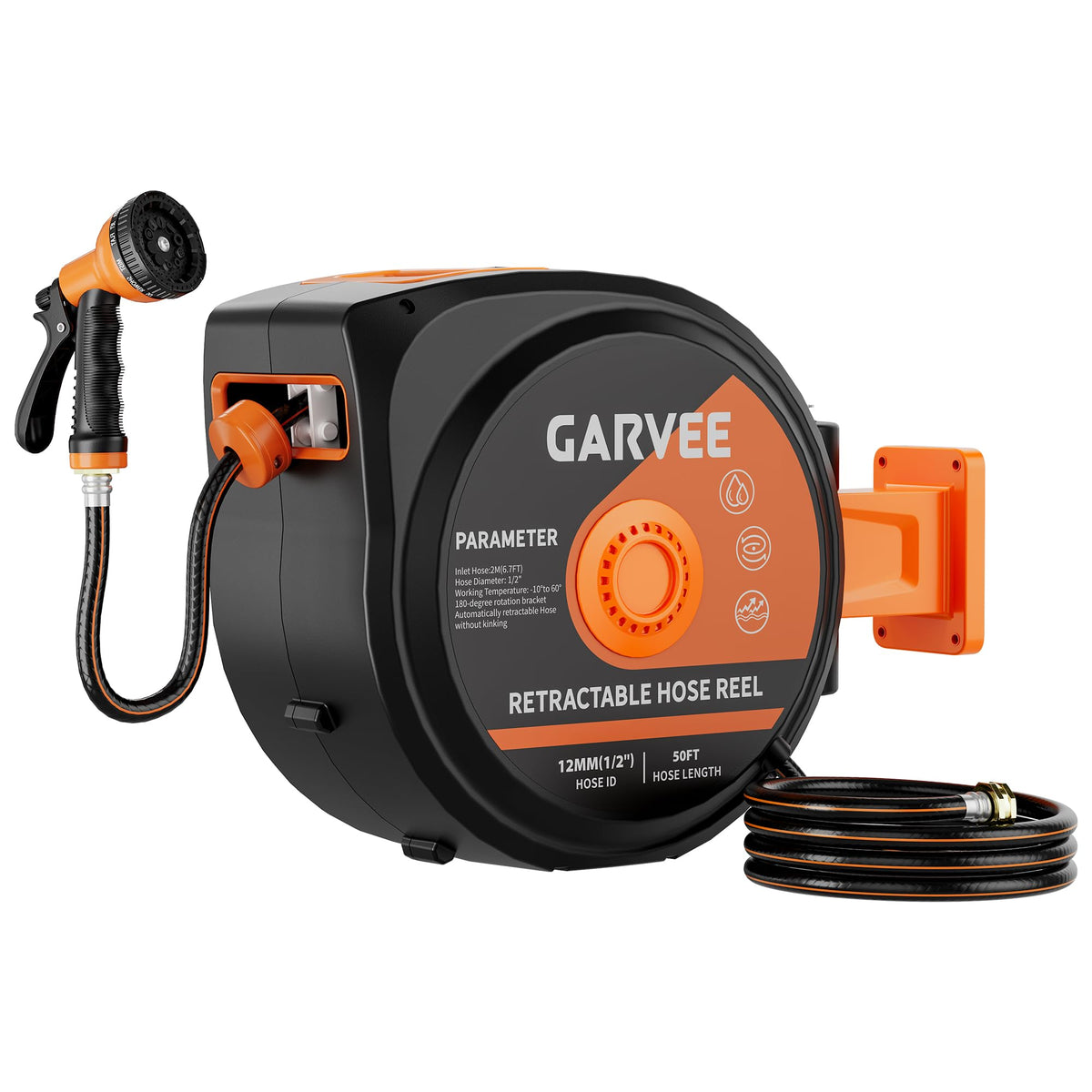 1/2 Inch x 50 ft Wall Mounted Garden Hose Reel with 10 Patterns Nozzle K782617