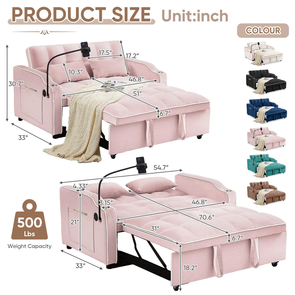 Pink Velvet Convertible Sleeper Sofa Bed F1920