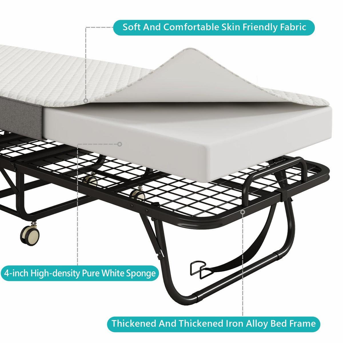 Folding Bed with Mattress, 75" x 31" Portable Rollaway Bed, Metal Frame Guest Bed with Memory Foam Mattress G756